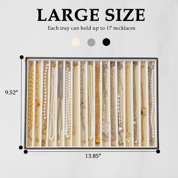 Large Jewelry Organizer Tray 2 Pack, Stackable Jewelry Storage Holder for Drawer Inserts, PU Leather Velvet Jewellery Display Case for Earring Bracelet Necklace Ring (Black Beige, 16 Grids)
