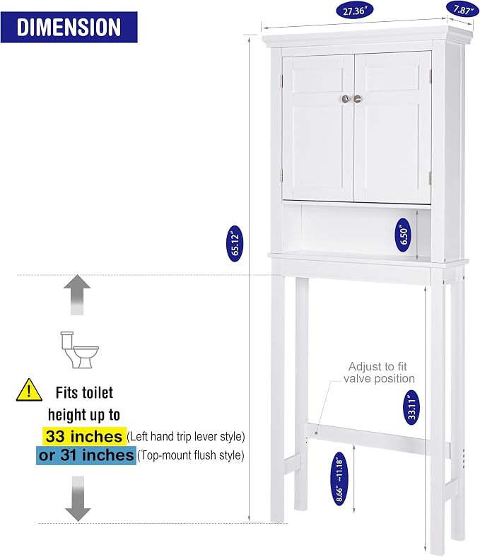 Spirich Over The Toilet Storage Cabinet, White Bathroom Organizer | Shaker Doors, Open & Hidden Storage, Adjustable Interior Shelf, FSC-Certified MDF, Anti-Tip Fitting, Adjustable Crossbar
