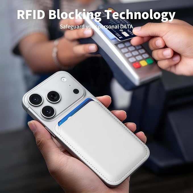 Magnetic Wallet Phone Card Holder for Phone Case with Mag-Safe, Stronger Magnetic RFID Leather Phone Wallet Stick on Series of iPhone 17/16/15/14/13/12 and Pro/Promax, Pearl White