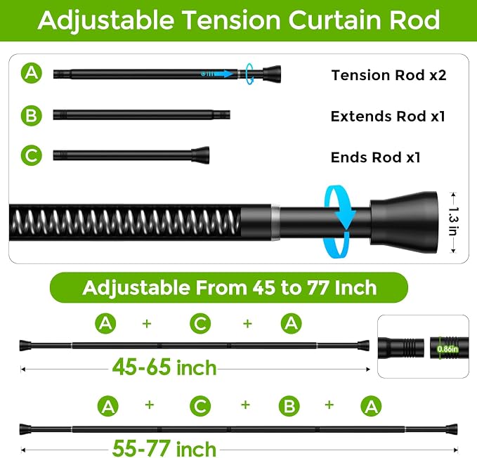 Spring Tension Rod 40-73 Inches No Drilling Adjustable Black Spring Loaded Curtain Rod Expandable Extra Long Tension Curtain Rod for Windows,Kitchen,Doorway