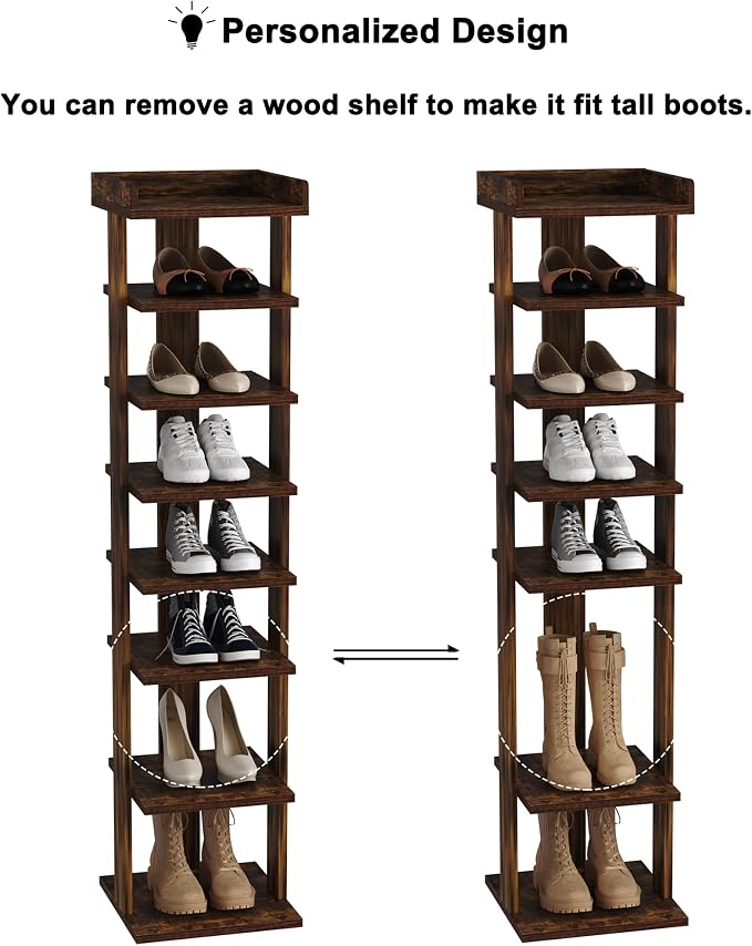 HOMEFORT 7-Tier Wood Shoe Rack, Entryway Shoe Tower,Vertical Shoe Organizer, Wooden Shoe Storage Stand, Rustic Brown