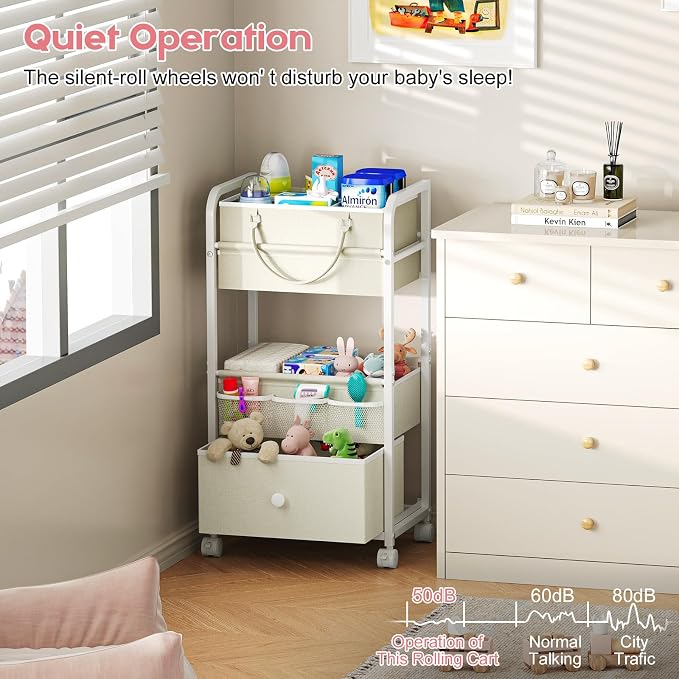 Cidaziya 2In1 Baby Diaper Caddy Organizer and Storage, 3 Tier Rolling Cart with Drawer, Detachable Dividers, Mobile Utility Cart Baby Dresser Clothes Organizer for Baby Essentials, Bedroom, Nursery