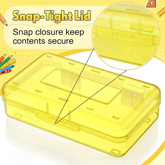Blulu 6 Pack Large Plastic Pencil Case Box Clear Pencil Boxes Bulk Hard Crayon Box Storage with Snap Lids 8.1 x 4.7 x 2.2 Inch Painting Organizer Classroom Stationery School Supplies (Yellow)