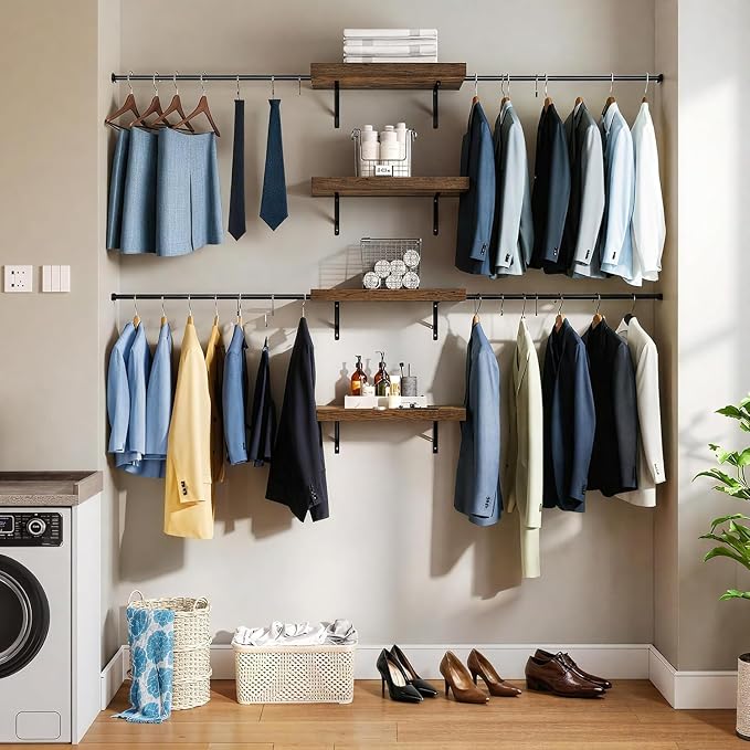 YITAHOME Wall-Mounted Closet System with Expandable Rod and Thickened Shelves – Adjustable Clothing Rack for Bedroom, Laundry Room and Cloakroom, Suitable for 2-8 Feets Space | Laundry Room and Cloakroom,Suitable for 2-8 Feets Space