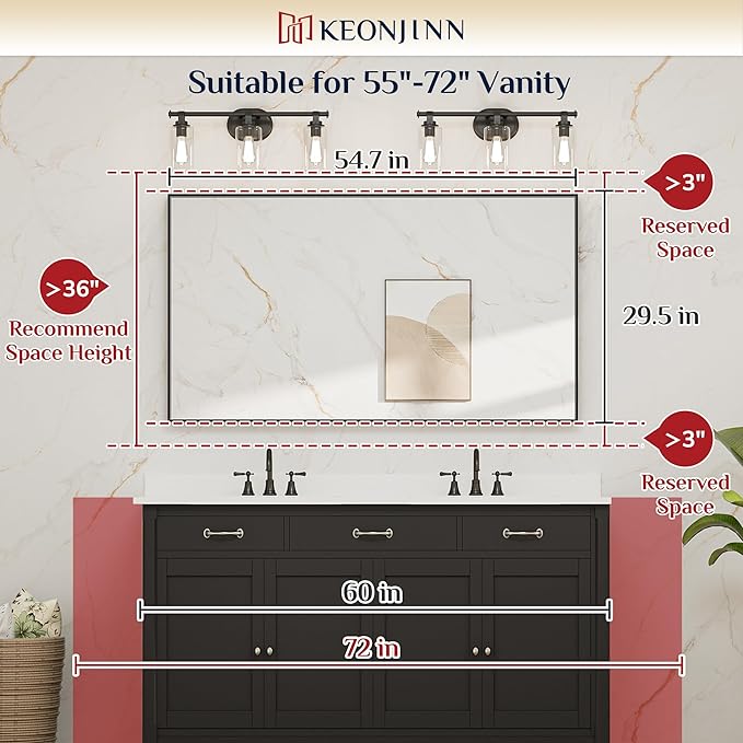 Keonjinn Black Bathoom Mirror 55 x 30 Inch, Large Rectangle Vanity Wall Mirror for Over Sink, Metal Framed Rectangular Mirrors, Brushed Black Modern Farmhouse Mirrors