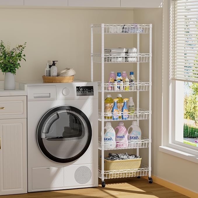 Golpart Basket Shelves Closet Rack with Wheels Metal Pantry Wire Shelf Unit | 6 tier Storage Rolling Shelving Bathroom Organizers Kitchen Garage Laundry Room Organization Home 17.2"Dx12.2"Wx63"H White