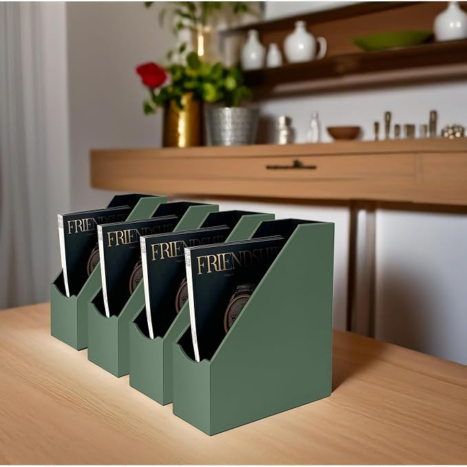UnionBasic Magazine File Holder, Leatherette Desktop Document Organizer, Home Office Paper Holder File Storage Literature Sorter, Malachite Green