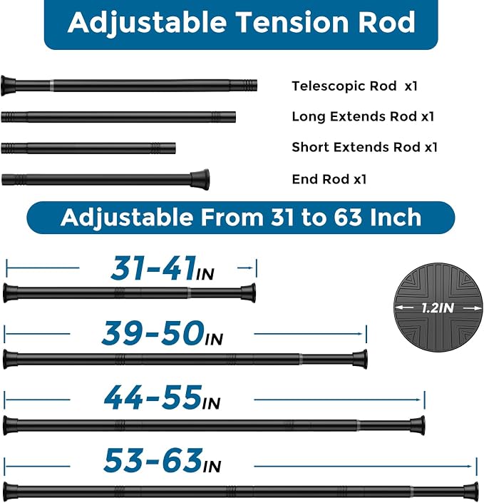 AIZESI 2Pack Tension Curtain Rod 31-62 Inch Adjustable Spring Loaded Curtain Rods No Drilling Tension rods for Window Doorway Closet,Kitchen, Curtain, 7/8" Diameter, Black
