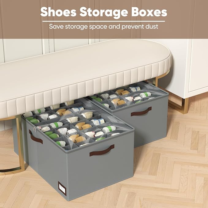 OIAHOMY 2 Pack Shoe Organizer for Closet, Large Foldable Shoe Storage Bins with Dividers and Reinforced Handles, Each Clear Cover Sneaker Box Fits Up to 24 Pairs for Entryway and Bedroom, Grey