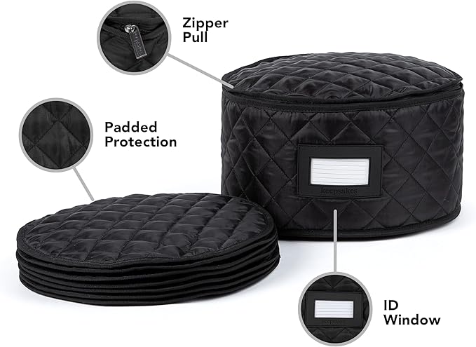 Covermates Keepsakes Dish Storage Case – Padded China & Dinnerware Organizer, Quilted Polyester Protection, ID Window, Zipper Closure, Machine Washable, Black