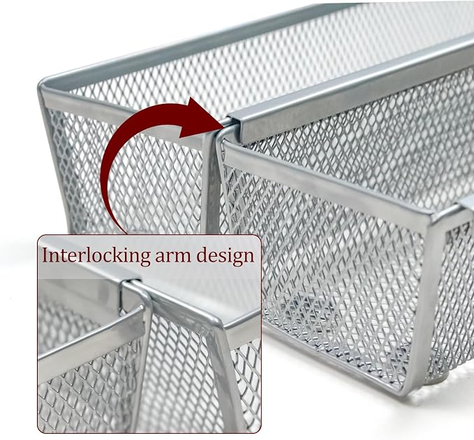 2PCS Drawer Organizer for Kitchen,Utensil Mesh Drawer Organizer with Interlocking Arm for Cosmetic,Flatware,Pen (12 * 3 * 2 Inches,Grey)