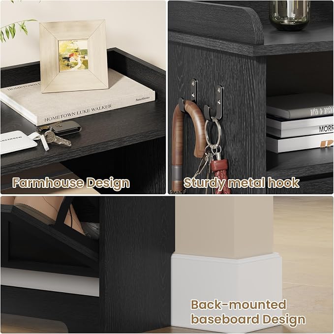 Shoe Cabinet Organizer with 2 Flip Drawers, Farmhouse Narrow Shoe Storage Cabinet with 2 Adjustable Shelves & 2 Hooks, 23.6"W x 8.7"D x 41.8"H Shoe Rack for Entryway, Foyer, Hallway, Black
