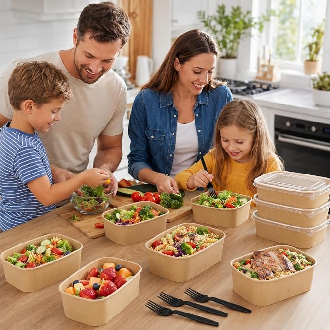 50-Pack 19oz Disposable Kraft Paper Bowls with Lids and Forks, Disposable Meal Prep Containers Bowls Disposable Food Prep Container with Lids, Freezer and Microwave Safe for Hot Soup Cold Food Takeout