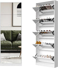 Mirror Shoe Cabinet, Hidden Shoe Storage Organizer with Flip Drawers Door, 5 Tier Free Standing Shoe Rack for Closet, Entrance | Real Glass Mirror | Fits Men's Size 15 | Narrow Organizer | Entryway Storage | Space-Saving | White