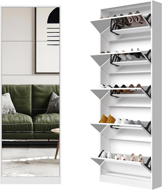 Mirror Shoe Cabinet, Hidden Shoe Storage Organizer with Flip Drawers Door, 5 Tier Free Standing Shoe Rack for Closet, Entrance | Real Glass Mirror | Fits Men's Size 15 | Narrow Organizer | Entryway Storage | Space-Saving | White
