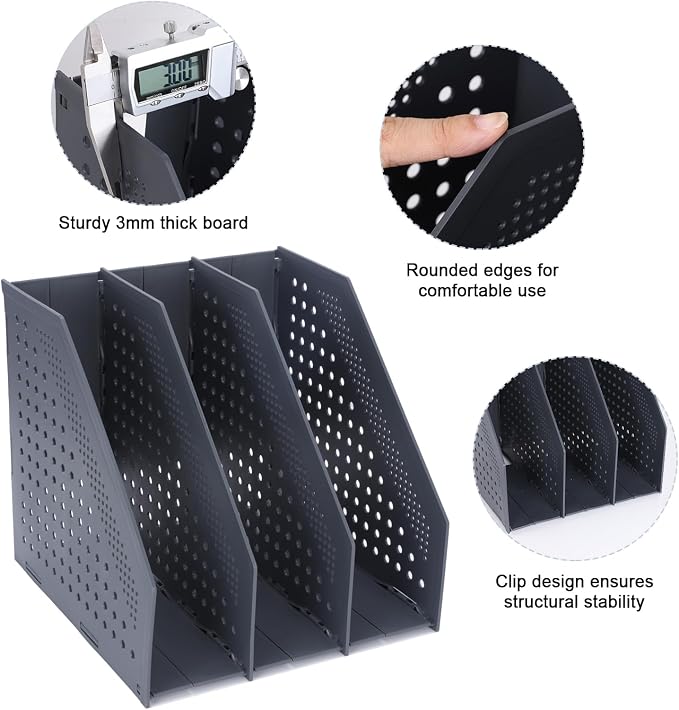 FRETONBA Collapsible Magazine File Holder, 3 Vertical Compartments | Foldable Space-Saving, Sturdy Plastic Binder Holder, Compact for Desk or Shelf, for Office & Home, Easy Access, Dark Gray