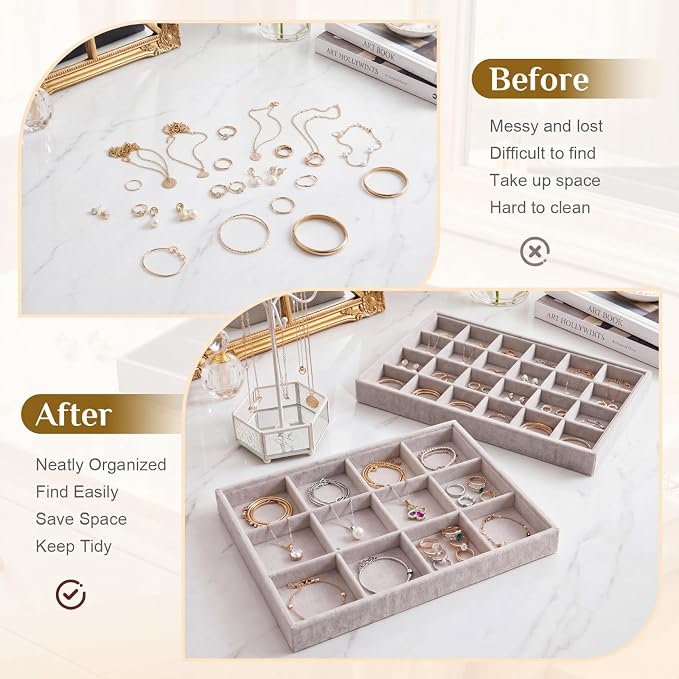 Unittype Set of 4 Stackable Jewelry Organizer Tray for Drawer Inserts Velvet Necklace Earring Bracelet Ring Holder Jewelry Display Storage Box for Bangle Stud Necklace Ring(24+12 Grid,Gray)