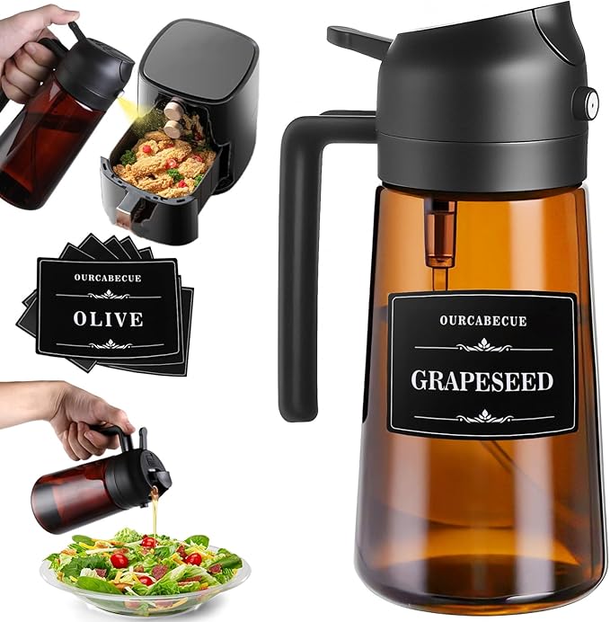Olive Oil Sprayer & Dispenser Bottle for Cooking 16oz Dark Glass Oil Mister | 2-in-1 Oil Sprayer & Pourer, Fine mist, Light-Blocking, Wide Mouth for Easy Refill & Clean, 8 Oil Labels, Reusable