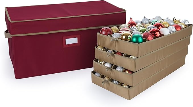 Covermates Keepsakes Adjustable Ornament Storage Box – Heavy-Duty Polyester, Padded Dividers & FlexGrid Trays – Protective Holiday Organizer with Stackable Walls & Label Window, Red