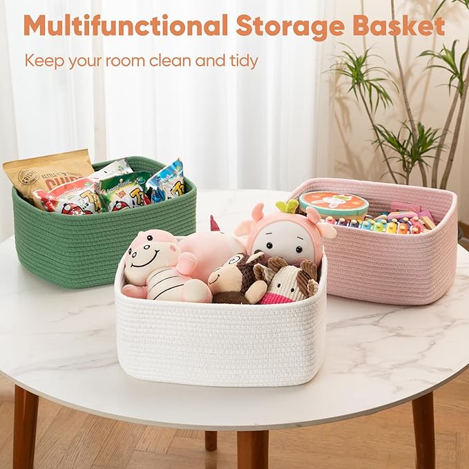 OIAHOMY 4 Pack 14.17 * 11.02 * 6.3IN Storage Baskets for Organizing Shelves, Woven Rope Baskets for Organizing Books, Clothes, Decorative Basket for Living Room, Nursery, Bedroom, Gift Basket, Pink