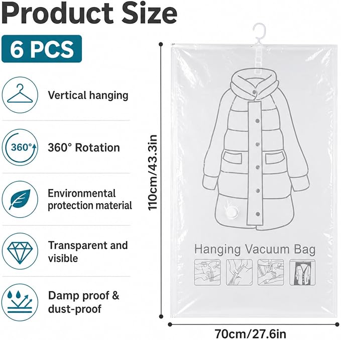 6 Pack Hanging Vacuum Storage Bags, Hanging Vacuum Sealer Storage Space Saver Bags for Clothing, Reusable Compressed for Suits, Dress, Jackets, 43.3 x 27.6 inch