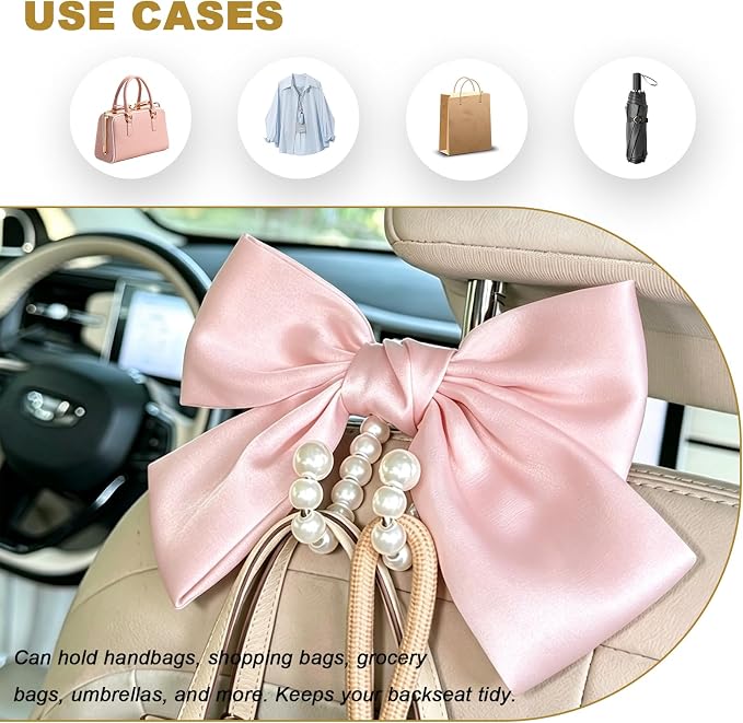2 PCS Bow Pearl Car Seat Headrest Hook, Auto Rear Seat Hanging Organizer Elegant Pearl Decoration, Cute Bow Vehicle Interior Seatback Storage Hooks for Handbags Purses Groceries (Pink)