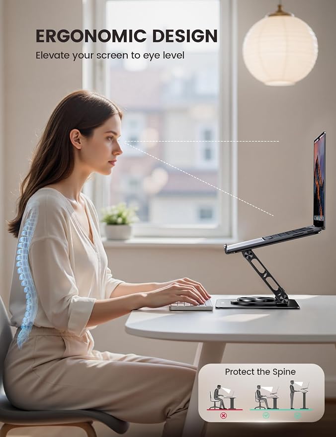 Lamicall Adjustable Laptop Stand for Desk - 360° Rotating Base Ergonomic Computer Stand, Aluminum Laptop Riser Foldable Portable for Office Home fits MacBook Neo Air Pro, Dell, HP (10-17.3'') - Black