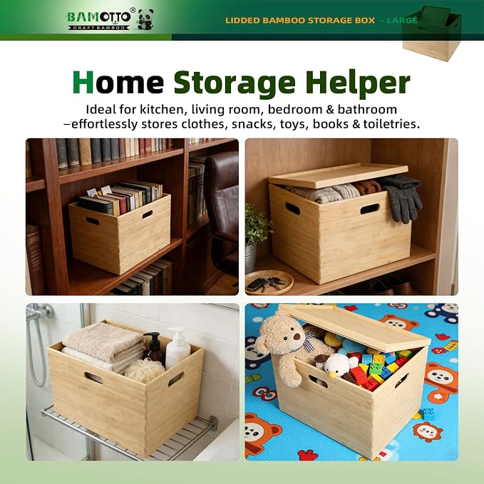 BAMOTTO CRAFTBAMBOO Large 14.6”x10.2”x9.6” Lidded Bamboo Storage Bins - Stackable with Handles, Box/Cube/Basket for Home Kitchen Office, Organize Tableware Toys Crafts Books