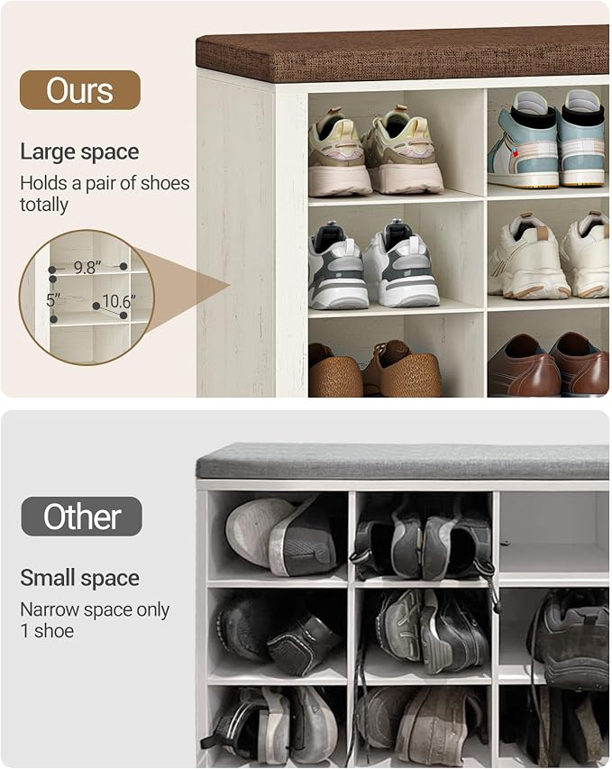 Hzuaneri Shoe Storage Bench, Entryway Shoe Rack with Cushion and Cubbies | entryway shoe rack bench cabinet with 16 cubbies and adjustable shelves for bedroom, living room, Rustic White SB25614KA