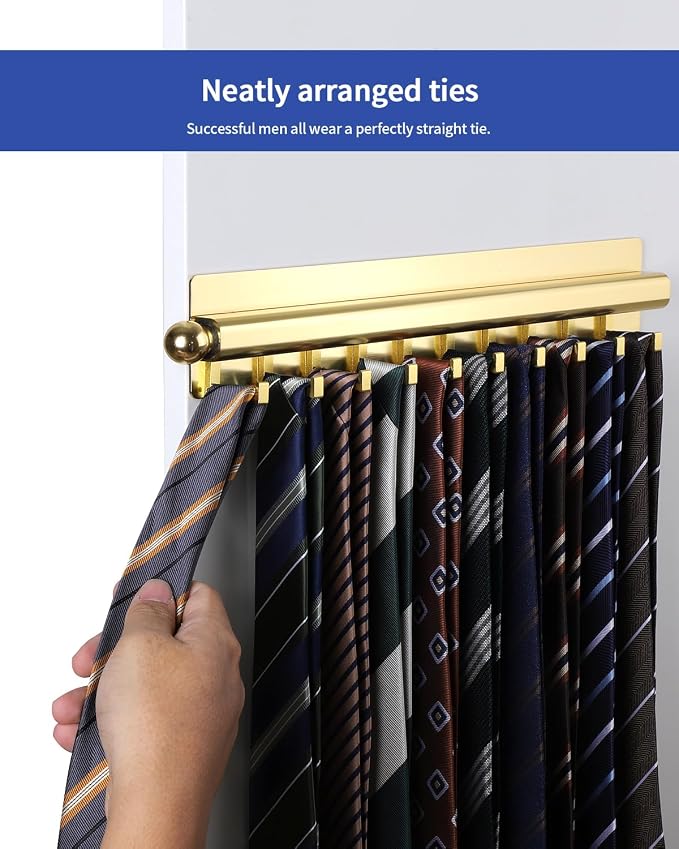 BaiNong Adhesive Valet Rod for Closets Pull Out 16.5" Gold with 10 Hooks | Multifunctional Closet Valet Rod Slide Out for Closets Belt Organizer for Closet Tie Rack Hanger for Closet Space-Saving