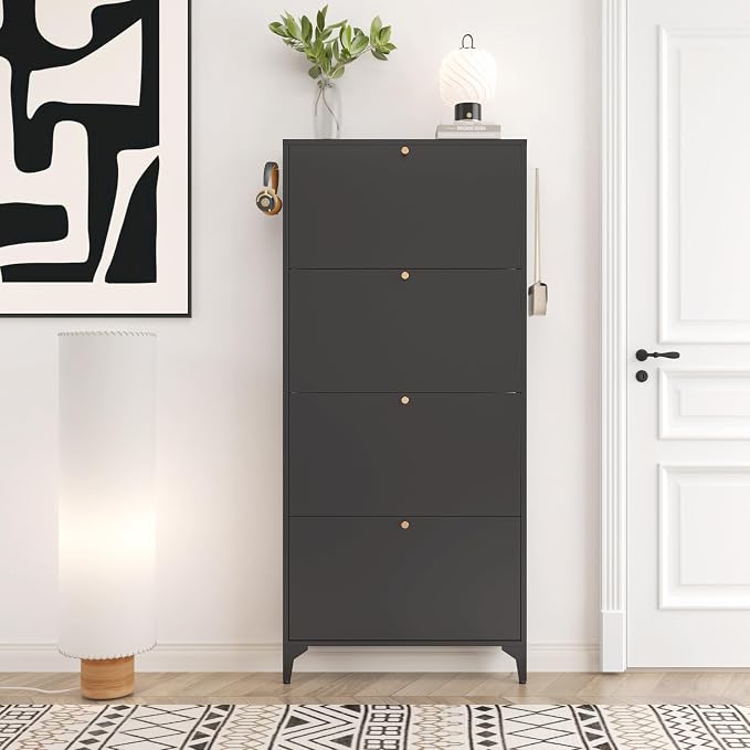 Shoe Cabinet with 4 Flip Drawers-Metal Narrow Shoe Rack for Entryway,Hallway,Living Room-Hidden Metal Shoe Cabinet-Freestanding Shoe (4 Door Width 27.56, Black)