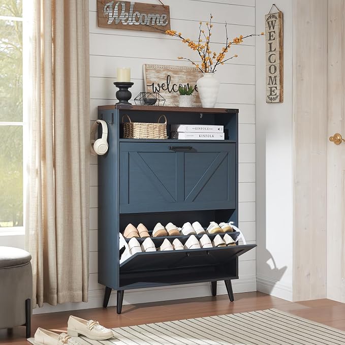 Barnyatoh Shoe Storage Cabinet,Farmhouse Shoe Organizer with 2 Flip Drawers & Barn Door Design,Freestanding Hidden Slim Narrow Shoe Rack Cabinet with Open Storage for Entryway, Foyer,Hallway,Navy Blue