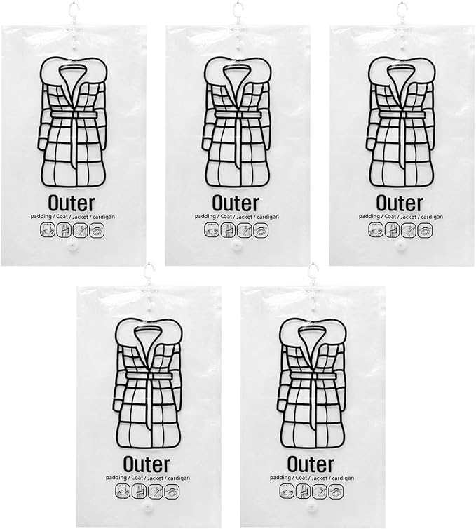 5Pcs Vacuum Bags for Clothes Space Saving Vacuum Seal Bag Hanging Storage Bag with Hooks ＆ Zip 26.4x43.3 Inch Dustproof Reusable Compressed for Clothing Closet Organizer