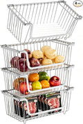 GAOKASE 4 Pcs Stackable Wire Baskets for Pantry Organizers and Storage,Vegetable Fruit Basket for Countertop,Kitchen Storage Metal Baskets,Produce Potato Onion Storage Bin,silver