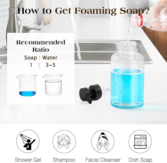 Luxspire Foaming Soap Dispenser, Glass Foam Pump Soap Dispenser, Non-Slip Hand Soap Bottle with 5 Waterproof Labels, 15 Oz Refillable Liquid Soap Bottle for Bathroom & Kitchen, Clear, 1 Pack