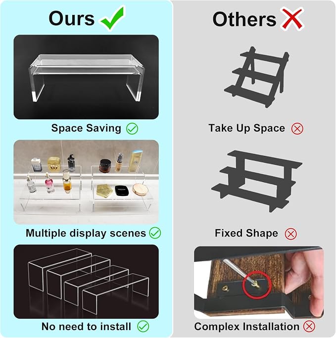 Acrylic Display Riser Stand,12'',4Pc Tiered Shelf Risers for Figurines | Clear 5mm Thick plastic steps rack matching perfume, cupcake, jewelry, pop collectibles. Stackable food buffet table setup