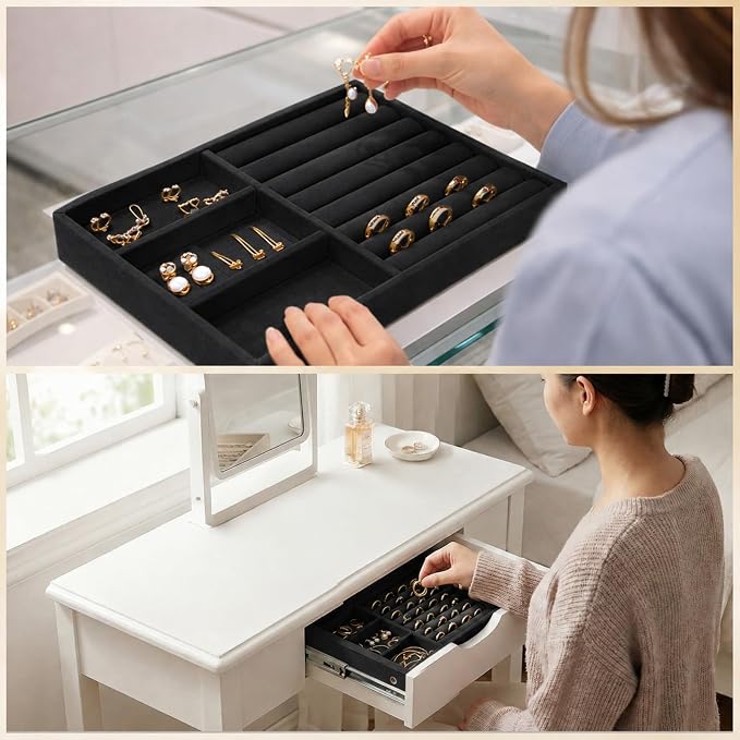 Jewelry Box Insert Organizer for Drawer, Stackable Trays Velvet Jewelry Drawer Inserts, Ring Earring Stud Necklace Holder Display Storage Case(Black, 8.3 x 4.9in)