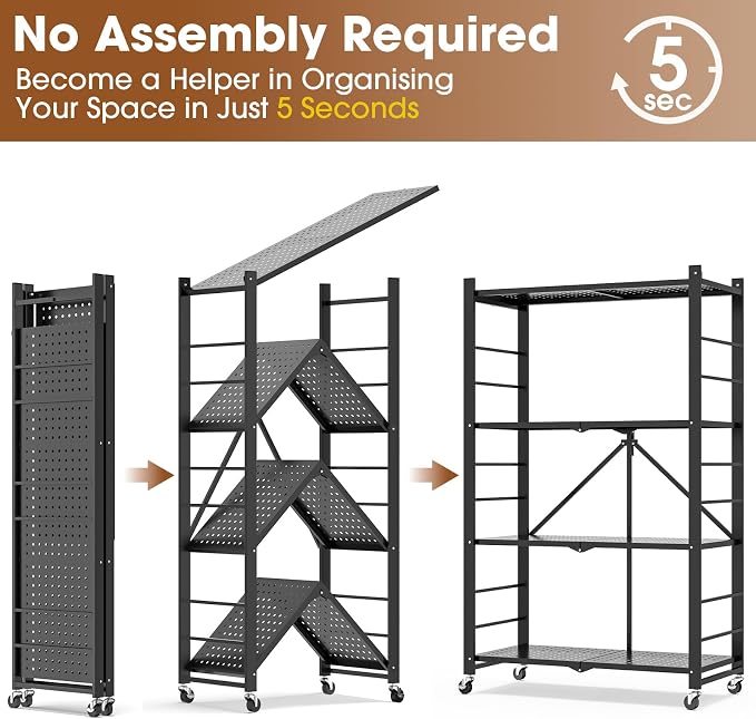 4 Tier Folding Storage Shelf with Wheels – Heavy Duty Metal Organizer Rack, No Assembly Utility Shelving Unit with Locking Casters for Garage, Kitchen, Pantry, Basement, Office (Black-A, 4 Tier)