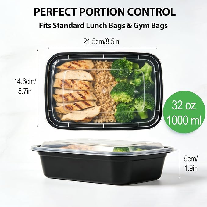 KUMD 50 Pack(100 Pieces) 32 oz Meal Prep Containers with Lids, Leakproof Food Storage Containers for Adult Office Lunch, Gym, Fitness & Bulk Food Prep, Microwave & Freezer Safe Reusable Plastic Tubs