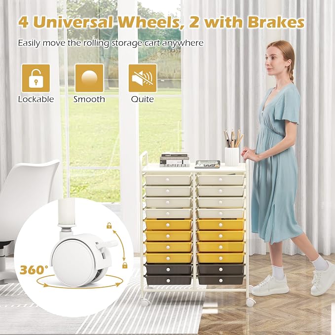 LDAILY 20-Drawer Rolling Storage Cart, Rolling Storage Cart, Storage Organizer on Wheels, Metal Frame, Scrapbook Paper Tools, Suitable for Office School, Classroom (Yellow, 20 Drawer)