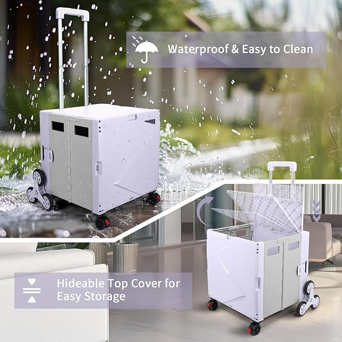 FELICON Folding Climber Utility Cart,Rolling Crate,Tote on Rotate Wheels with Adjustable Handle,Hidden Lid,Cup Holder,Storage Bin for Teacher,Office,File,Move,Shop,Travel,Laundry,Grocery(Purple Gray)