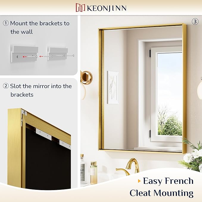 Keonjinn 30 x 36 in Brushed Gold Bathroom Mirror for Over Sink Metal Framed Rectangular Wall Mirror Shiny Gold Mirror for Vanity Aluminum Alloy Brass Gold Rectangle Mirror (Horizontal/Vertical)