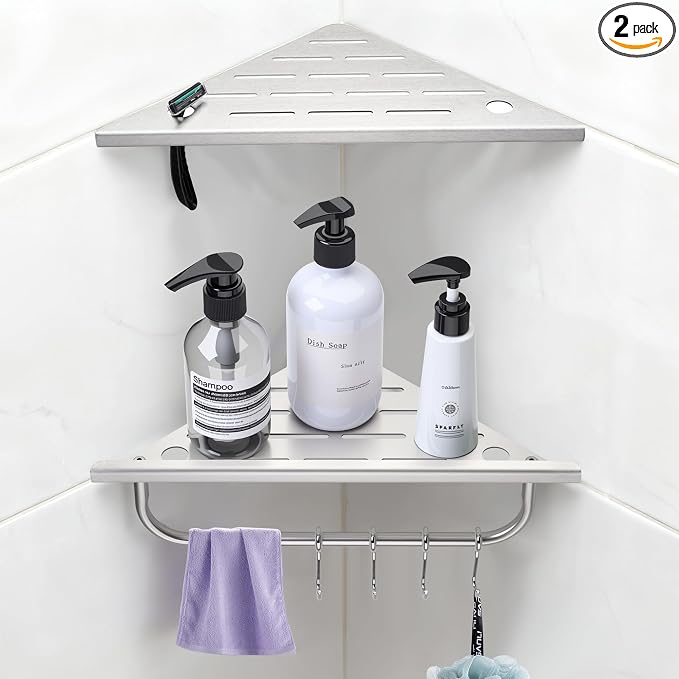 Shower Corner Shelf, 10'' Corner Shower Shelf with Towel Bar & Hooks, 2-Pack 304 Stainless Steel Recessed Bathroom Shelves, No Drilling for Tiled Wall (Brushed Nickel)