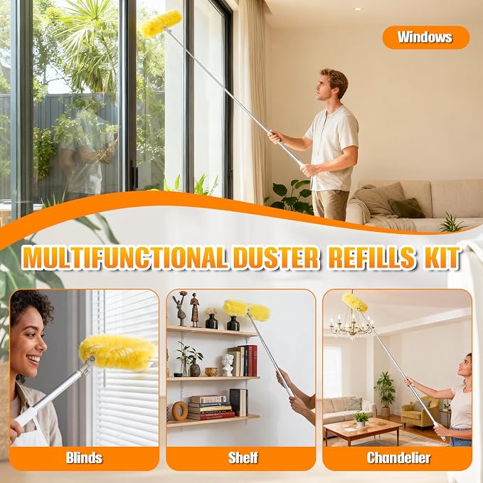 60 Count 360° Heavy Duty Duster Refills with 6 ft Extendable Handle, Compatible with Swiffer Duster, 4X Electrostatic Microfiber Disposable Duster Kit for Home, Office & High Reach Cleaning