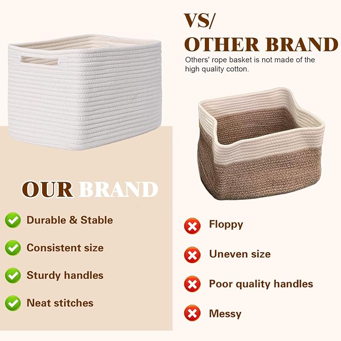 Storage Baskets for Organizing, 4 Pack Baskets for Shelves, Decorative Storage Bins for Shelves, Cotton Rope Storage Basket with Handles, Woven Basket for Storage, 13''Lx8.7''Wx7.9''H, White