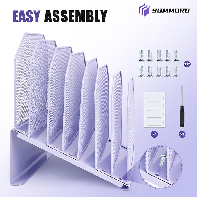 SUMMORO Inclined File Organizer for Desk, 7-Tier Vertical File Folder Holder Office Desk Organizer Metal Rack File Wire Mesh Desktop Document Sorter for Office School Classroom Home (Purple)