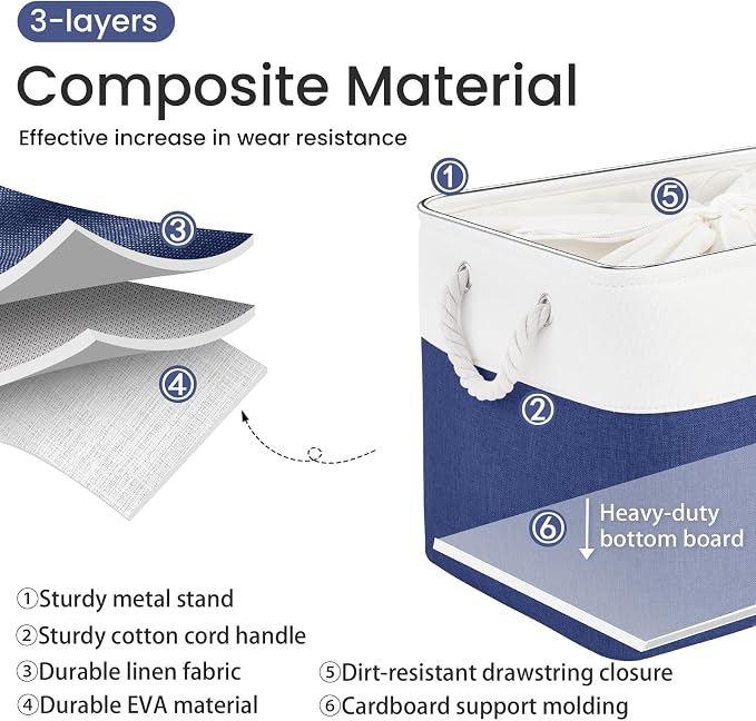 Large Storage Baskets- 16x12x12 inch Storage Bins for Shelves and Closet Organizing, Foldable Fabric Bin for Home Organization Clothes and Laundry (1-Pack, White&Blue)