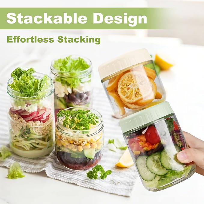 SHOWIN Overnight Oats Containers with Lids, 10oz Glass Jars with Lids 4 pcs, Taffy, Wide Mouth Mason jars for Salad, Yogurt, Snacks, Meal Prep