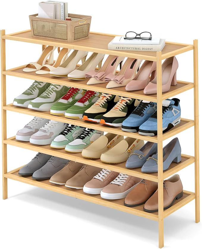 Smiry Bamboo Long Shoe Rack, 5 Tier Shoe Organizer for Entryway & Closet, Stackable Free Standing Storage Shelf for Shoes, Bags & Plants, Natural