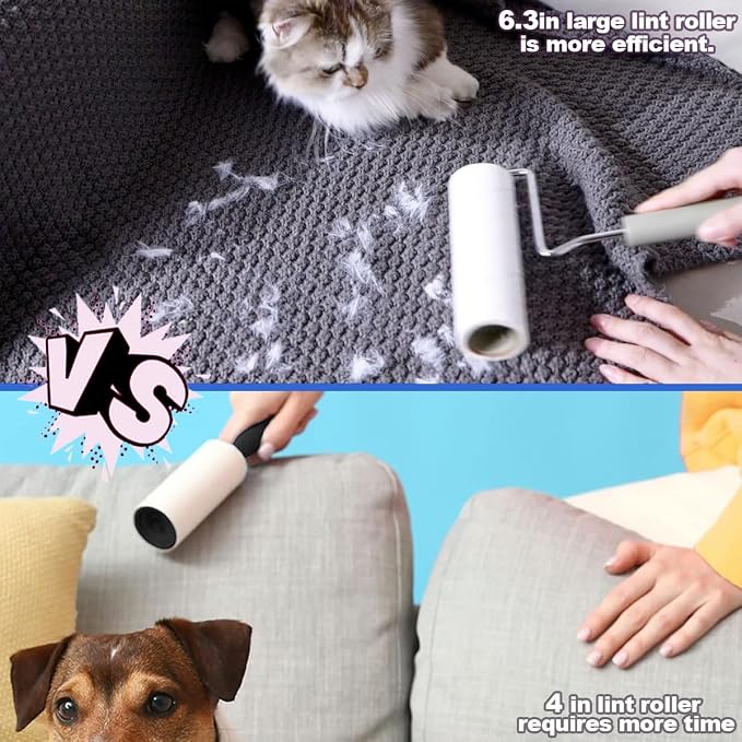 Extra Sticky Large Surface Lint Roller,6.3'' Giant Lint Roller for Pet Hair,5 Rolls 450 Sheets,Long Handle Lint Remover,Easily Remove Carpets, Clothes, Couch and Curtains Dust